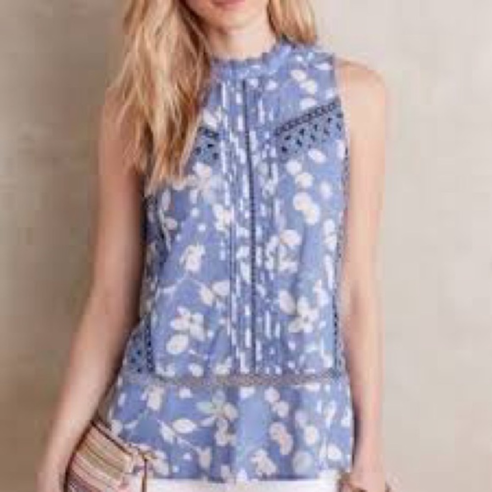 Anthropologie Embellished White and Blue Sleeveless Blouse